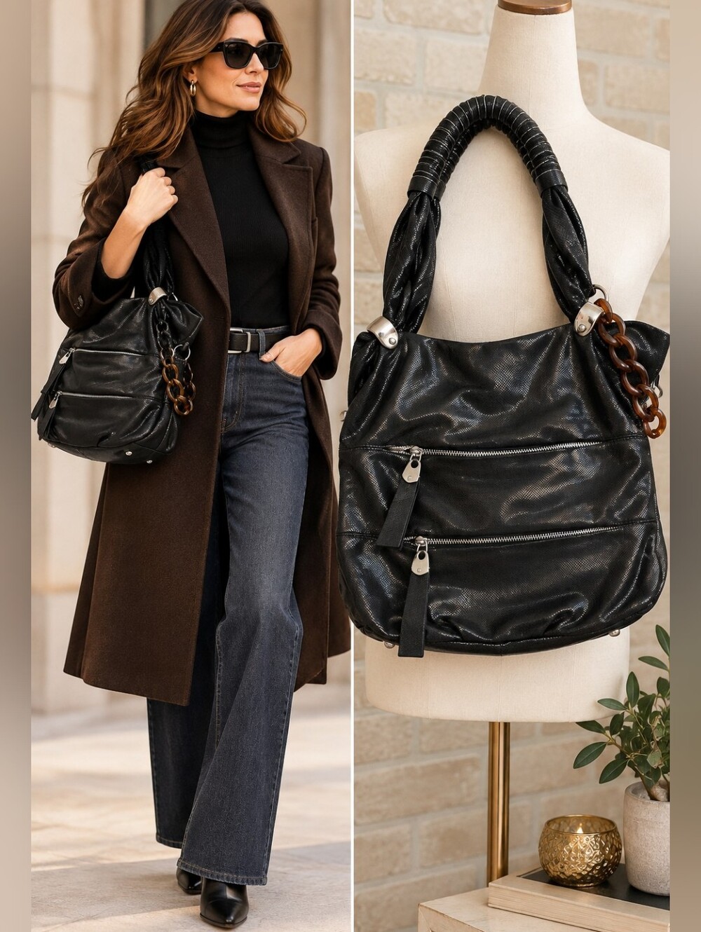 B. Makowsky Genuine Leather Snake-Embossed Black Hobo Shoulder Bag